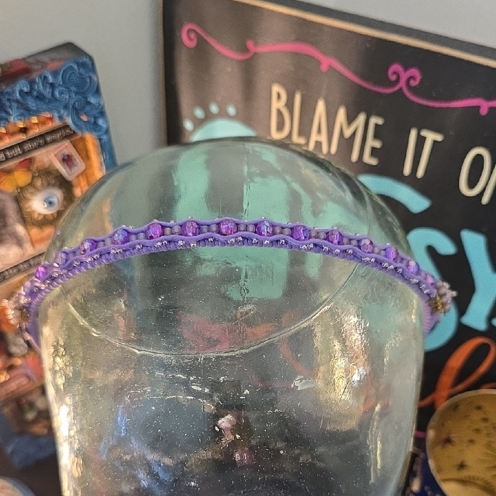 Pyramid Collection Purple Beaded Headband With Hanging Crystal Flowers - Picture 4 of 6
